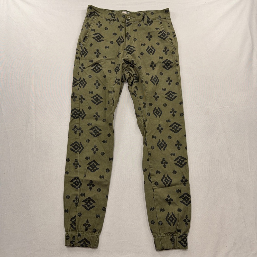 Silence is Golden Denim Jogger Pants Tribal Geometric‎ Olive Green Mens Size 30